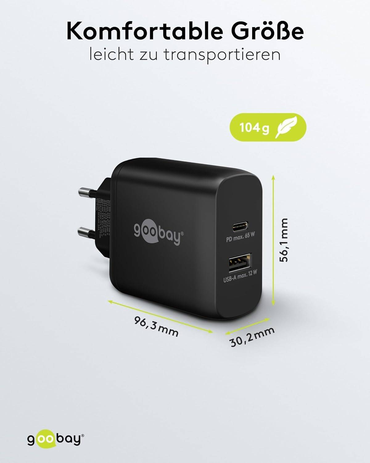 Goobay Dual USB Netzteil 65W Schnellladegerät PD, 2fach Port 1x USB-C & 1x USB-A, Mini GaN Adapter, Schwarz