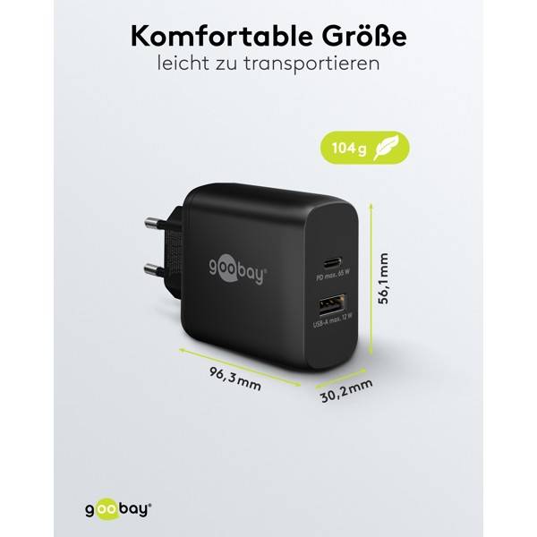 Goobay Dual USB Netzteil 65W Schnellladegerät PD, 2fach Port 1x USB-C &amp; 1x USB-A, Mini GaN Adapter, Schwarz