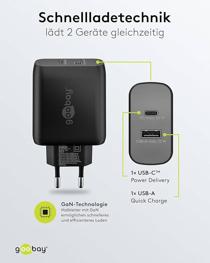 Goobay Dual USB Netzteil 65W Schnellladegerät PD, 2fach Port 1x USB-C & 1x USB-A, Mini GaN Adapter, Schwarz
