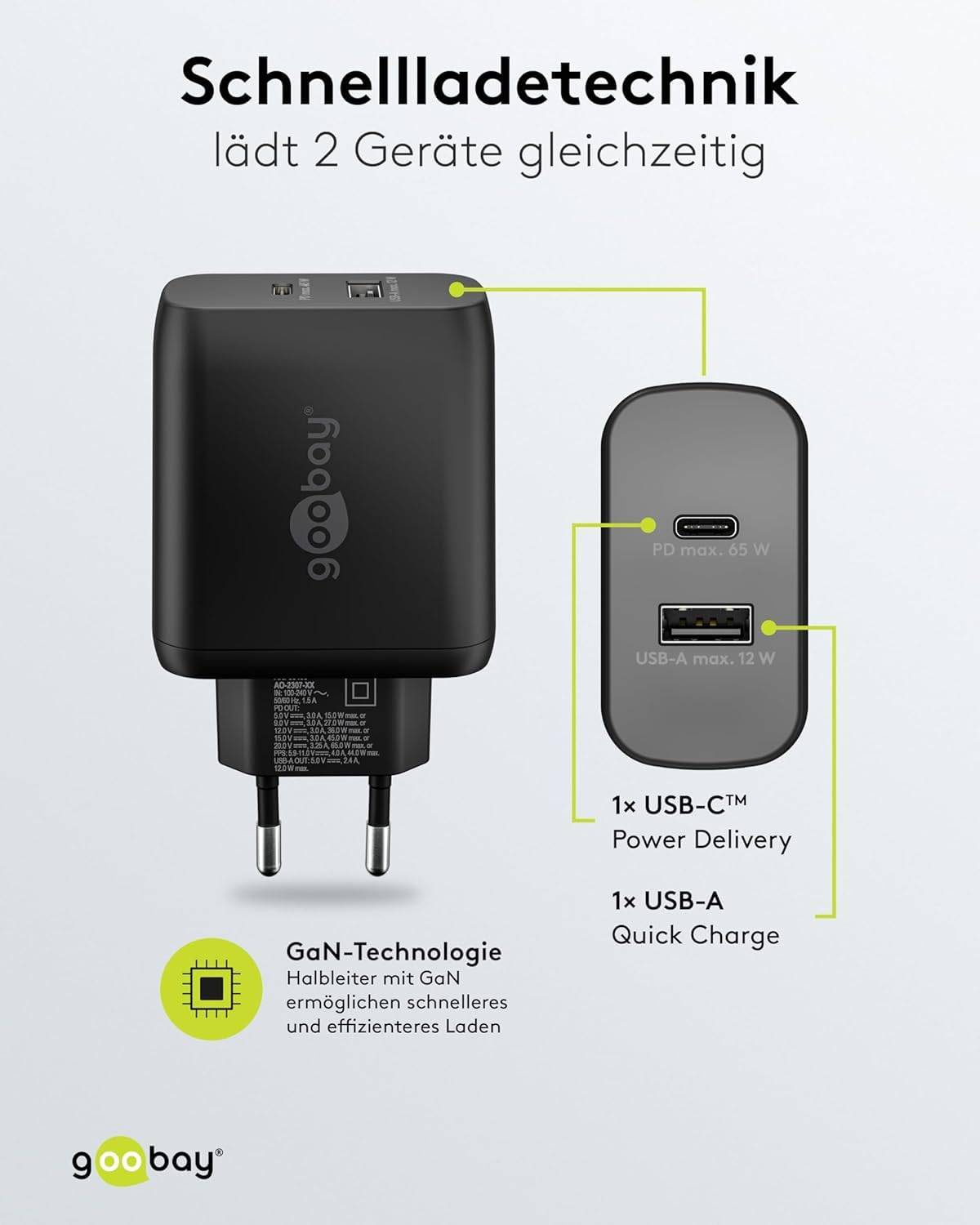 Goobay Dual USB Netzteil 65W Schnellladegerät PD, 2fach Port 1x USB-C & 1x USB-A, Mini GaN Adapter, Schwarz