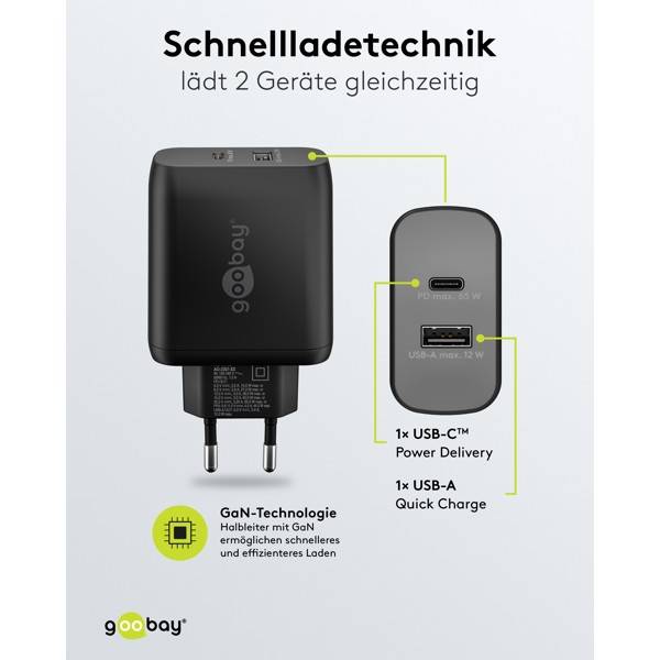 Goobay Dual USB Netzteil 65W Schnellladegerät PD, 2fach Port 1x USB-C &amp; 1x USB-A, Mini GaN Adapter, Schwarz