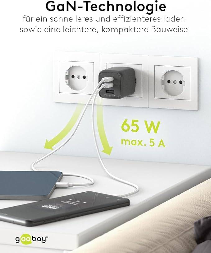 Goobay Nano USB Netzteil 65W Power Delivery Charger, 3 Port Universal Ladegerät, USB-C & USB-A Adapter, Schwarz