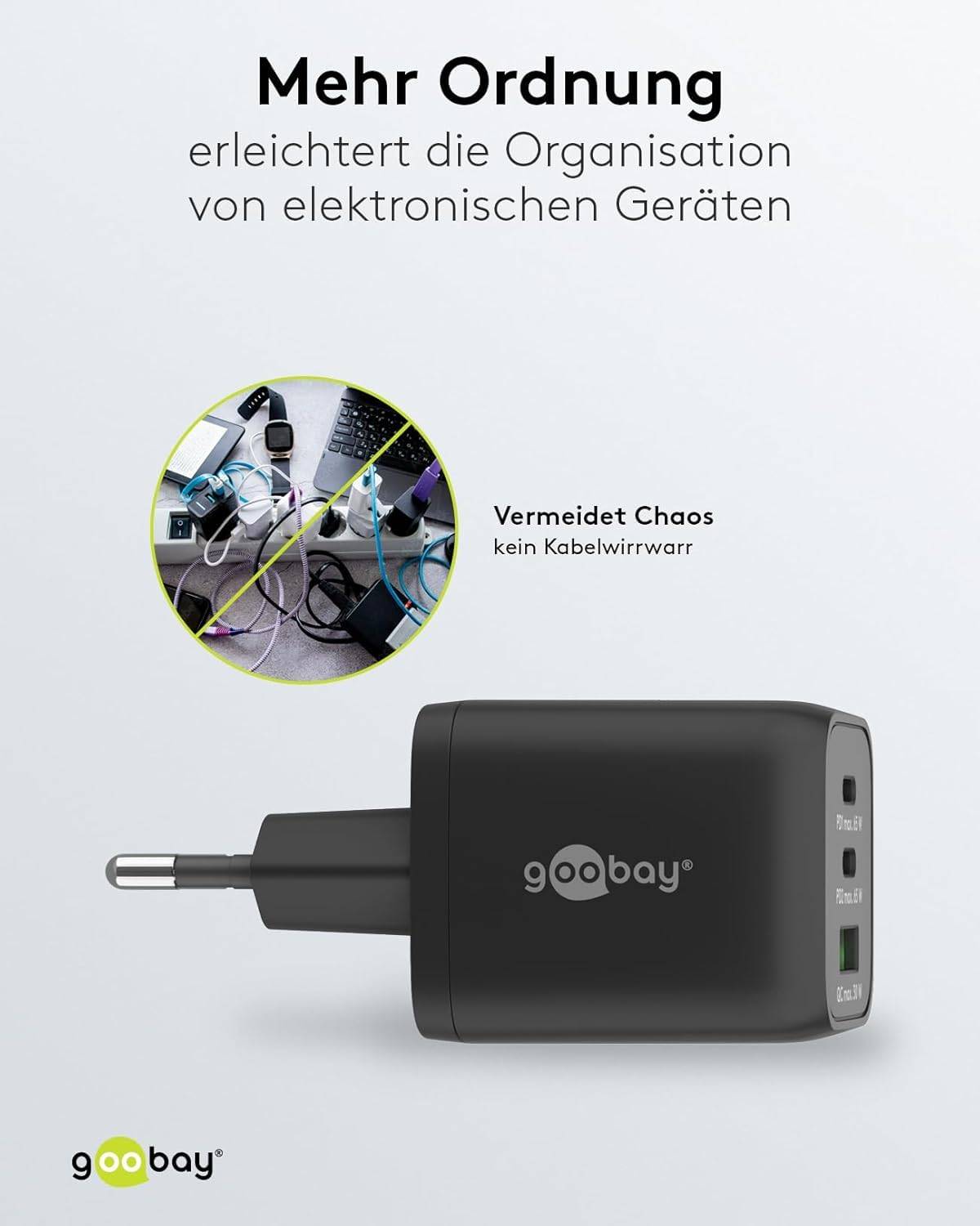 Goobay Nano USB Netzteil 65W Power Delivery Charger, 3 Port Universal Ladegerät, USB-C & USB-A Adapter, Schwarz