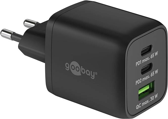 Goobay 64753 Nano USB Netzteil 65W Power Delivery Charger / 3 Port Universal Ladegerät / USB-C & USB-A Adapter / Schwarz