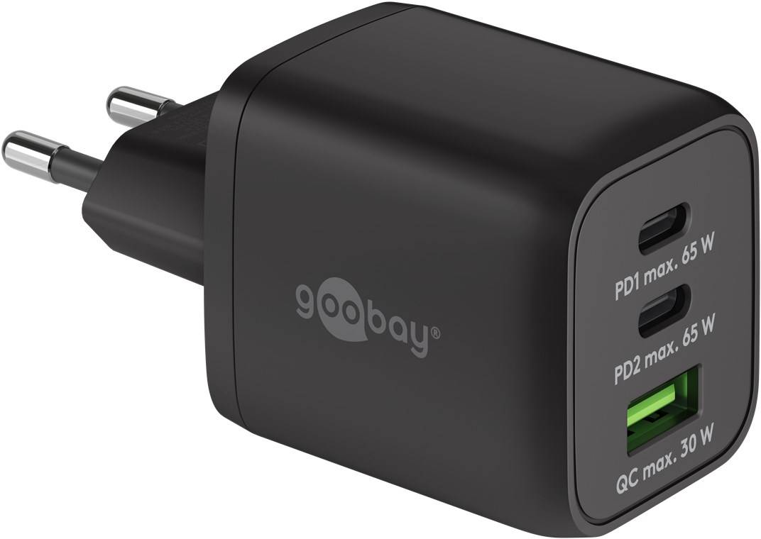 Goobay Nano USB Netzteil 65W Power Delivery Charger, 3 Port Universal Ladegerät, USB-C & USB-A Adapter, Schwarz
