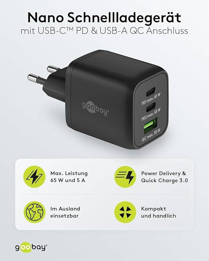 Goobay Nano USB Netzteil 65W Power Delivery Charger, 3 Port Universal Ladegerät, USB-C & USB-A Adapter, Schwarz