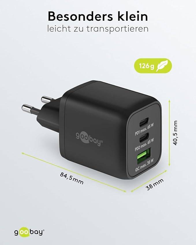 Goobay Nano USB Netzteil 65W Power Delivery Charger, 3 Port Universal Ladegerät, USB-C & USB-A Adapter, Schwarz