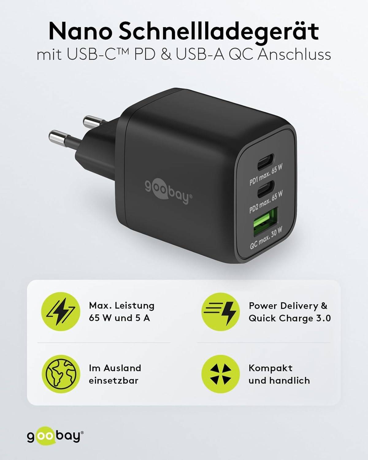 Goobay Nano USB Netzteil 65W Power Delivery Charger, 3 Port Universal Ladegerät, USB-C & USB-A Adapter, Schwarz
