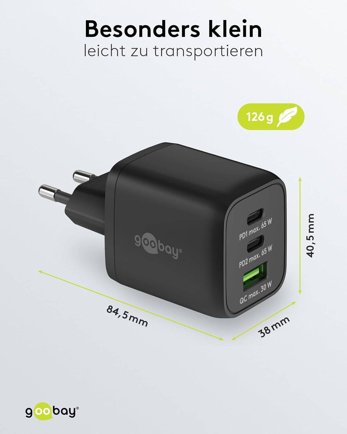 Goobay Nano USB Netzteil 65W Power Delivery Charger, 3 Port Universal Ladegerät, USB-C & USB-A Adapter, Schwarz
