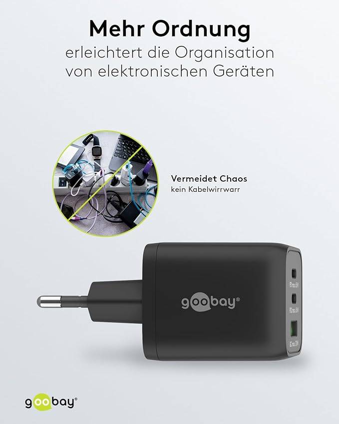 Goobay 64753 Nano USB Netzteil 65W Power Delivery Charger / 3 Port Universal Ladegerät / USB-C & USB-A Adapter / Schwarz