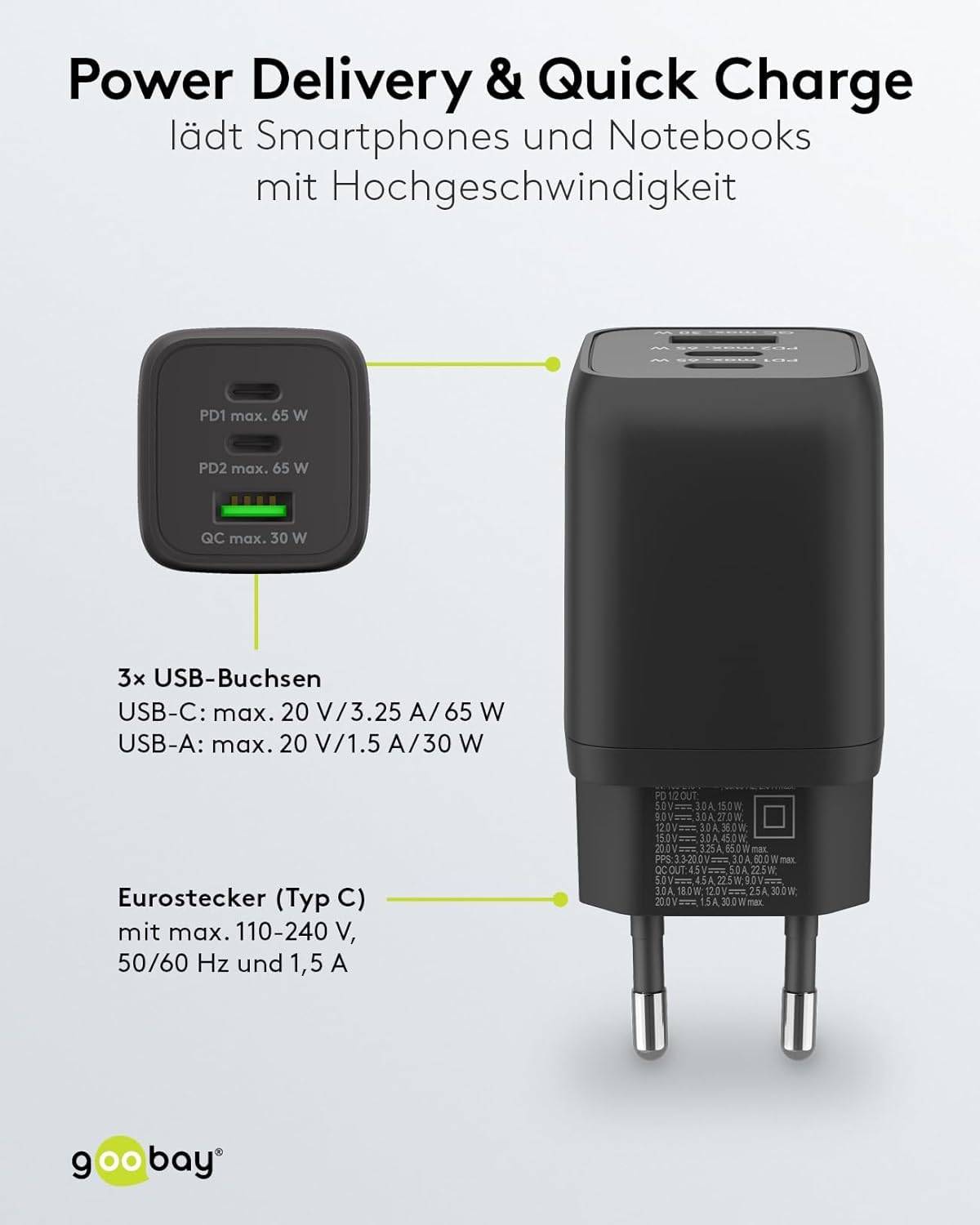 Goobay Nano USB Netzteil 65W Power Delivery Charger, 3 Port Universal Ladegerät, USB-C & USB-A Adapter, Schwarz