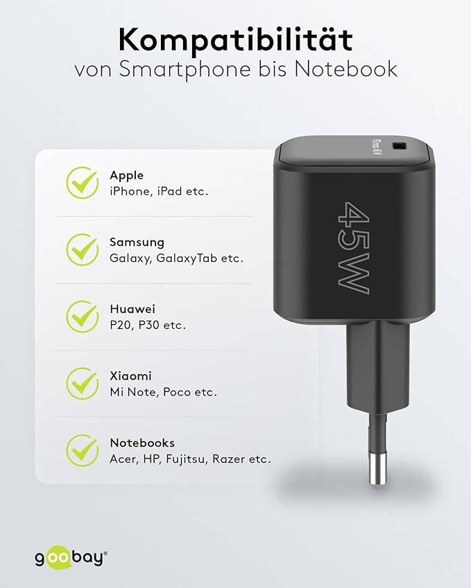 Goobay 65331 Nano USB-C Netzteil 45W / Power Delivery Charger / Universal Ladegerät Handy / USB Typ C Adapter / Schwarz