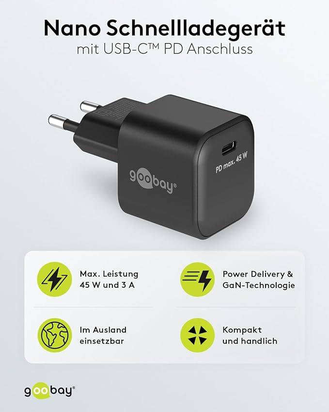 Goobay 65331 Nano USB-C Netzteil 45W / Power Delivery Charger / Universal Ladegerät Handy / USB Typ C Adapter / Schwarz