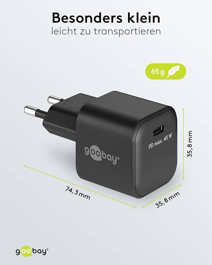 Goobay 65331 Nano USB-C Netzteil 45W / Power Delivery Charger / Universal Ladegerät Handy / USB Typ C Adapter / Schwarz