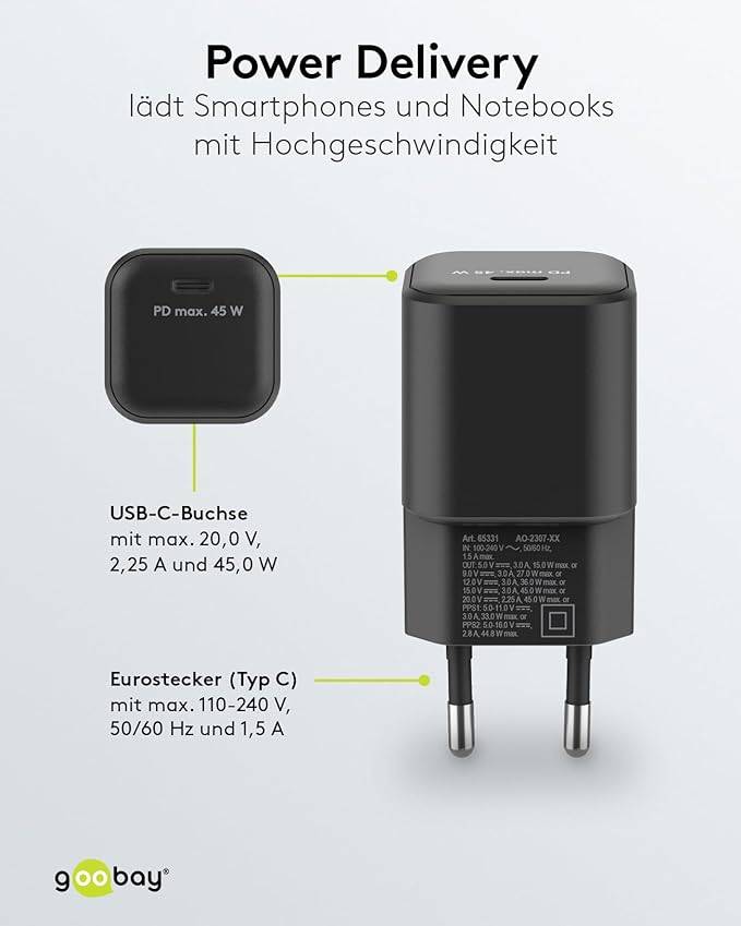 Goobay 65331 Nano USB-C Netzteil 45W / Power Delivery Charger / Universal Ladegerät Handy / USB Typ C Adapter / Schwarz