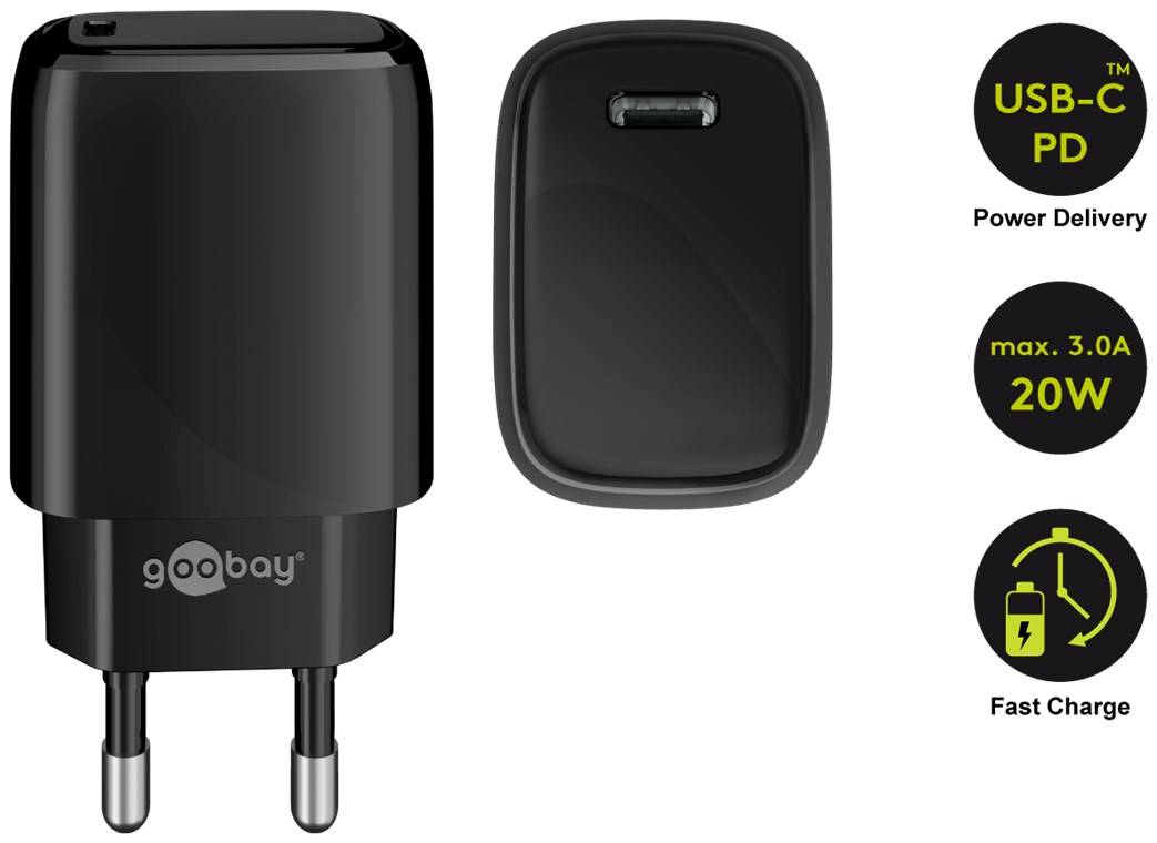 Goobay 65405 USB-C Netzteil 20W Power Delivery Charger / Universal Ladegerät Handy & Tablet / Mini GaN Adapter / Schwarz