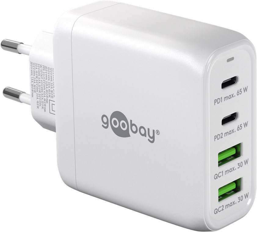 Goobay USB-C Ladegerät 68W, PD Fast Charger, Multiport Schnellladegerät 2x USB-C & 2x USB-A Laptop Handy, Weiß