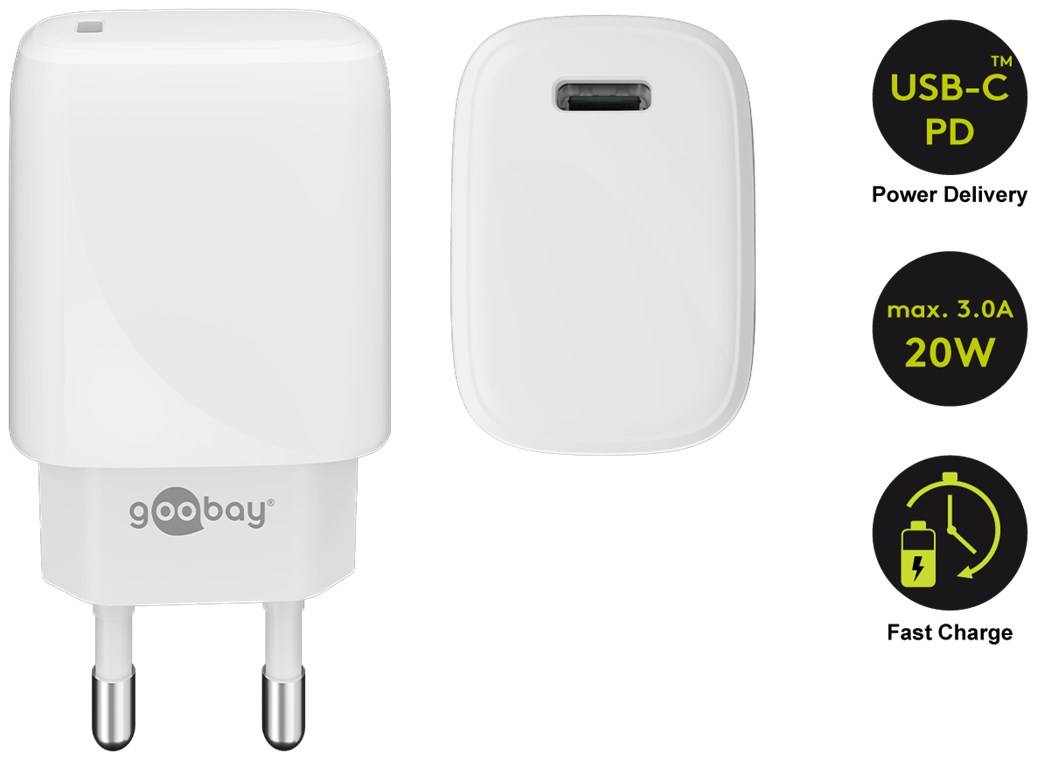 Goobay 65406 USB-C Netzteil 20W / Power Delivery Charger / Universal Ladegerät Handy & Tablet / Mini GaN Adapter / Weiß