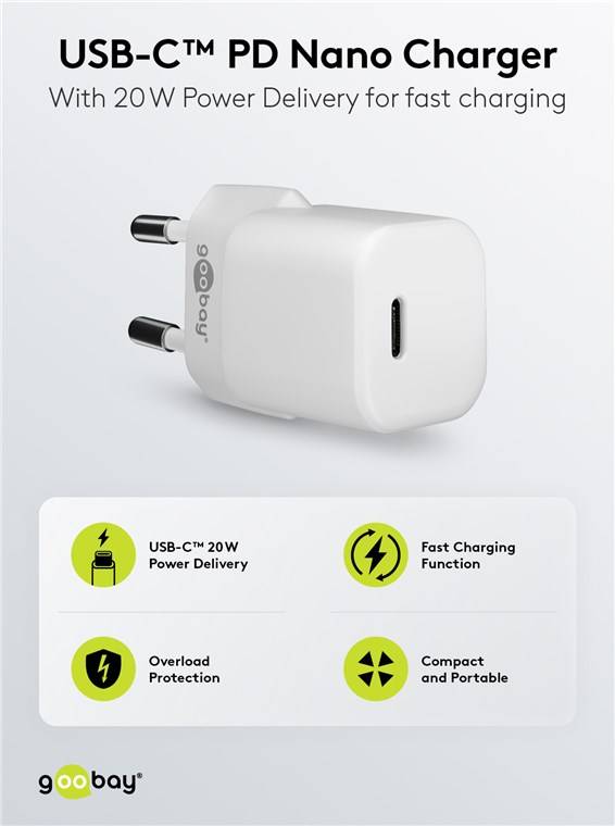 Goobay 65404 Nano USB-C Netzteil 20W / Power Delivery Charger / Universal Ladegerät USB C / Mini GaN Adapter / Weiß