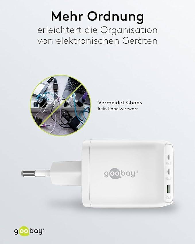Goobay Nano USB Netzteil 65W, Power Delivery Charger, 3 Port Universal Ladegerät, USB-C & USB-A Adapter, Weiß