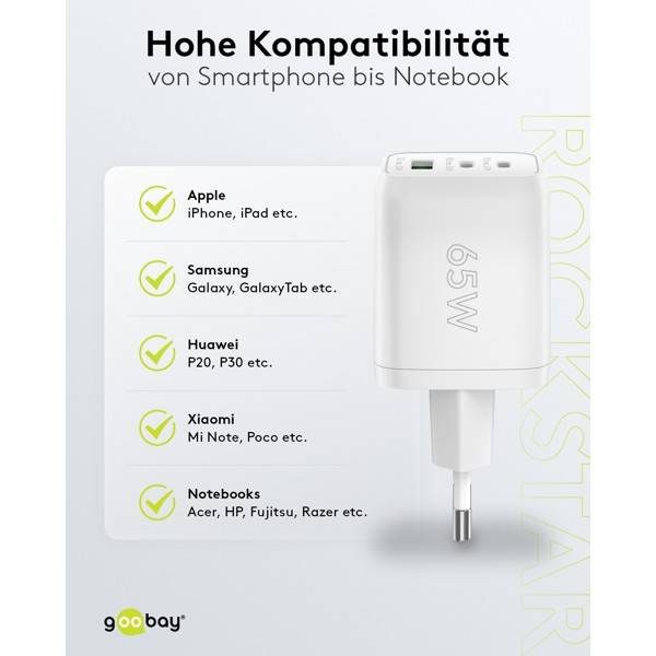 Goobay Nano USB Netzteil 65W, Power Delivery Charger, 3 Port Universal Ladegerät, USB-C & USB-A Adapter, Weiß