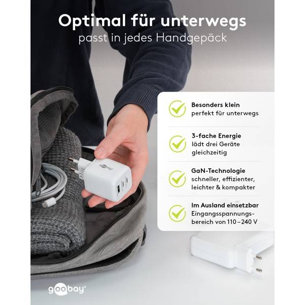 Goobay Nano USB Netzteil 65W, Power Delivery Charger, 3 Port Universal Ladegerät, USB-C & USB-A Adapter, Weiß