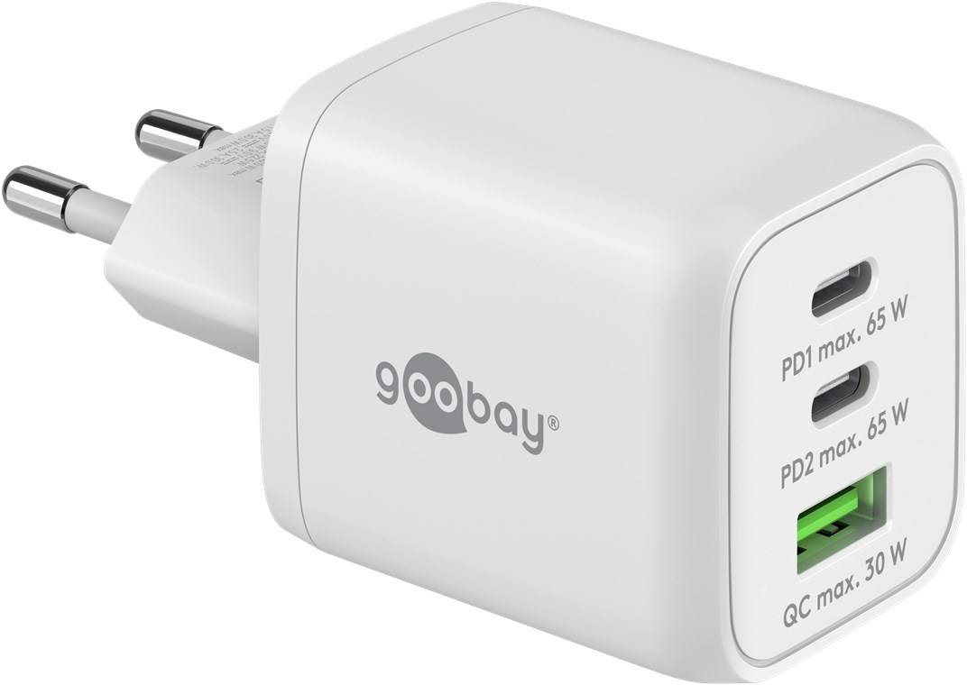 Goobay Nano USB Netzteil 65W, Power Delivery Charger, 3 Port Universal Ladegerät, USB-C & USB-A Adapter, Weiß