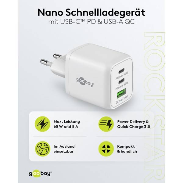 Goobay Nano USB Netzteil 65W, Power Delivery Charger, 3 Port Universal Ladegerät, USB-C & USB-A Adapter, Weiß