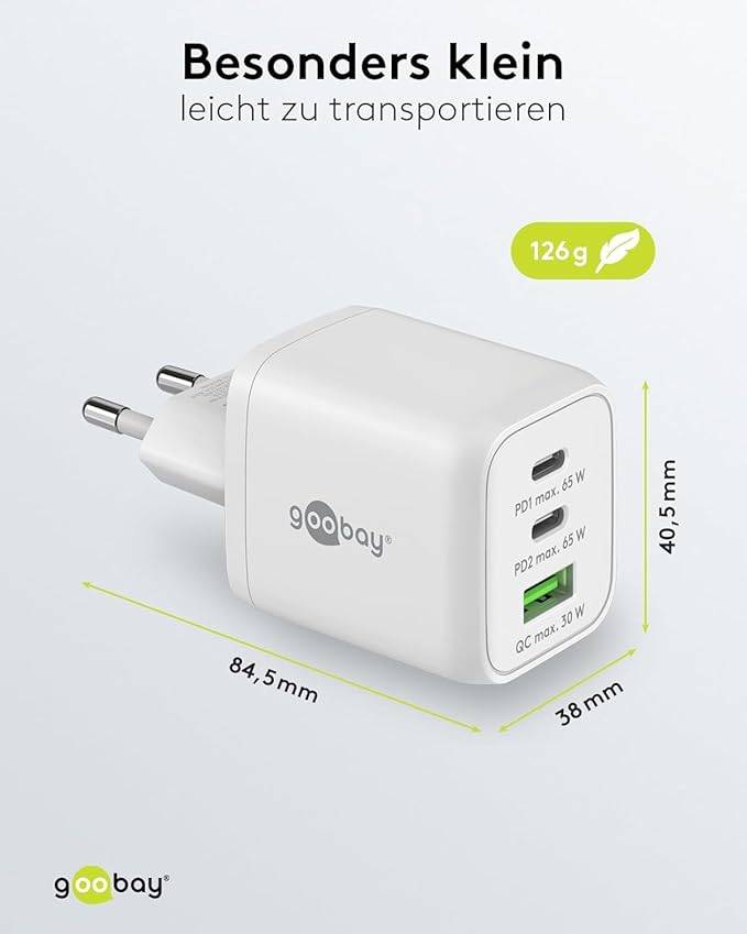Goobay Nano USB Netzteil 65W, Power Delivery Charger, 3 Port Universal Ladegerät, USB-C & USB-A Adapter, Weiß