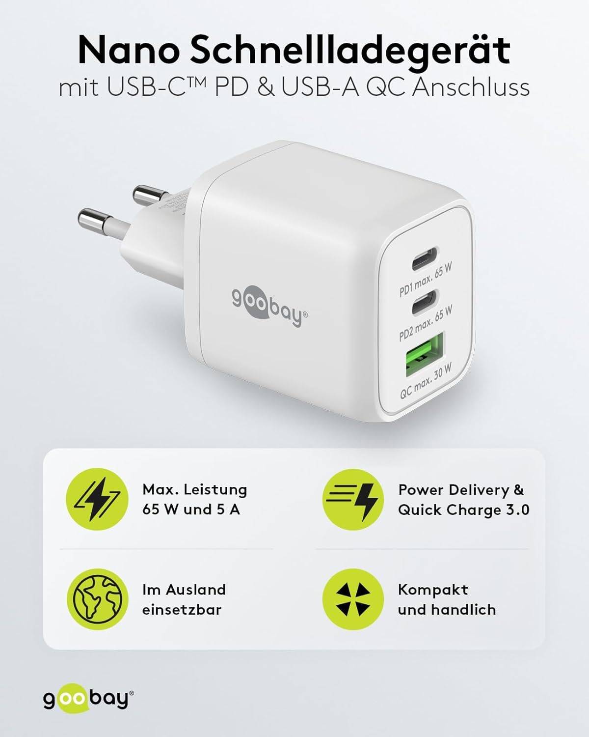 Goobay Nano USB Netzteil 65W, Power Delivery Charger, 3 Port Universal Ladegerät, USB-C & USB-A Adapter, Weiß