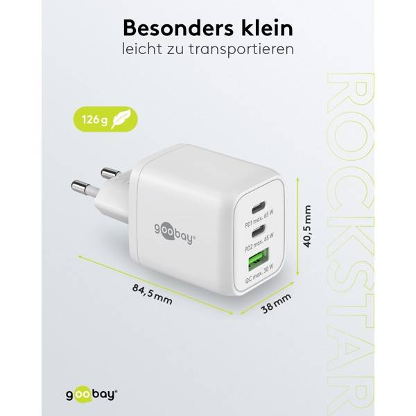 Goobay Nano USB Netzteil 65W, Power Delivery Charger, 3 Port Universal Ladegerät, USB-C & USB-A Adapter, Weiß