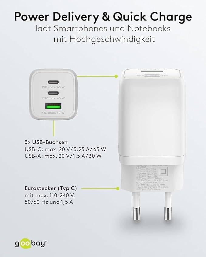 Goobay Nano USB Netzteil 65W, Power Delivery Charger, 3 Port Universal Ladegerät, USB-C & USB-A Adapter, Weiß