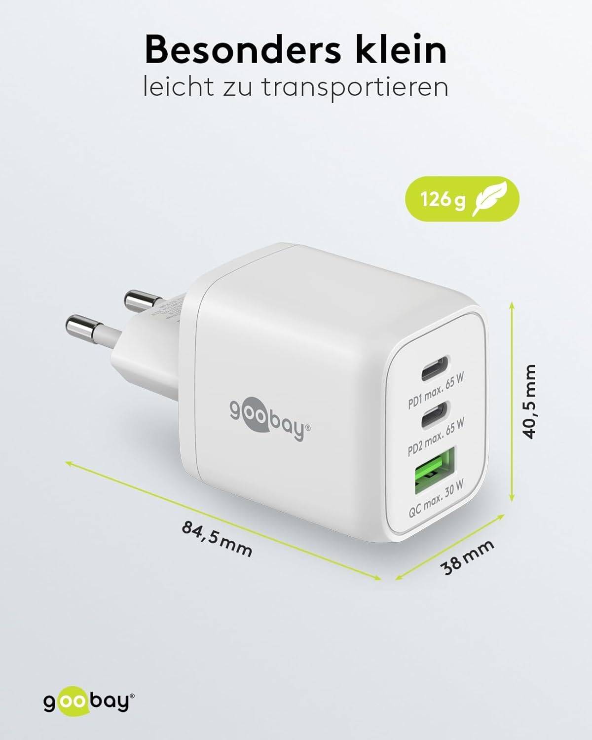 Goobay Nano USB Netzteil 65W, Power Delivery Charger, 3 Port Universal Ladegerät, USB-C & USB-A Adapter, Weiß
