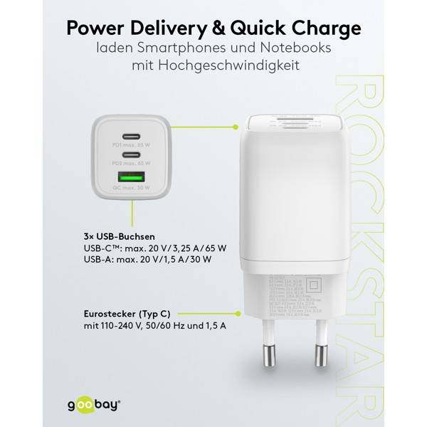 Goobay Nano USB Netzteil 65W, Power Delivery Charger, 3 Port Universal Ladegerät, USB-C & USB-A Adapter, Weiß