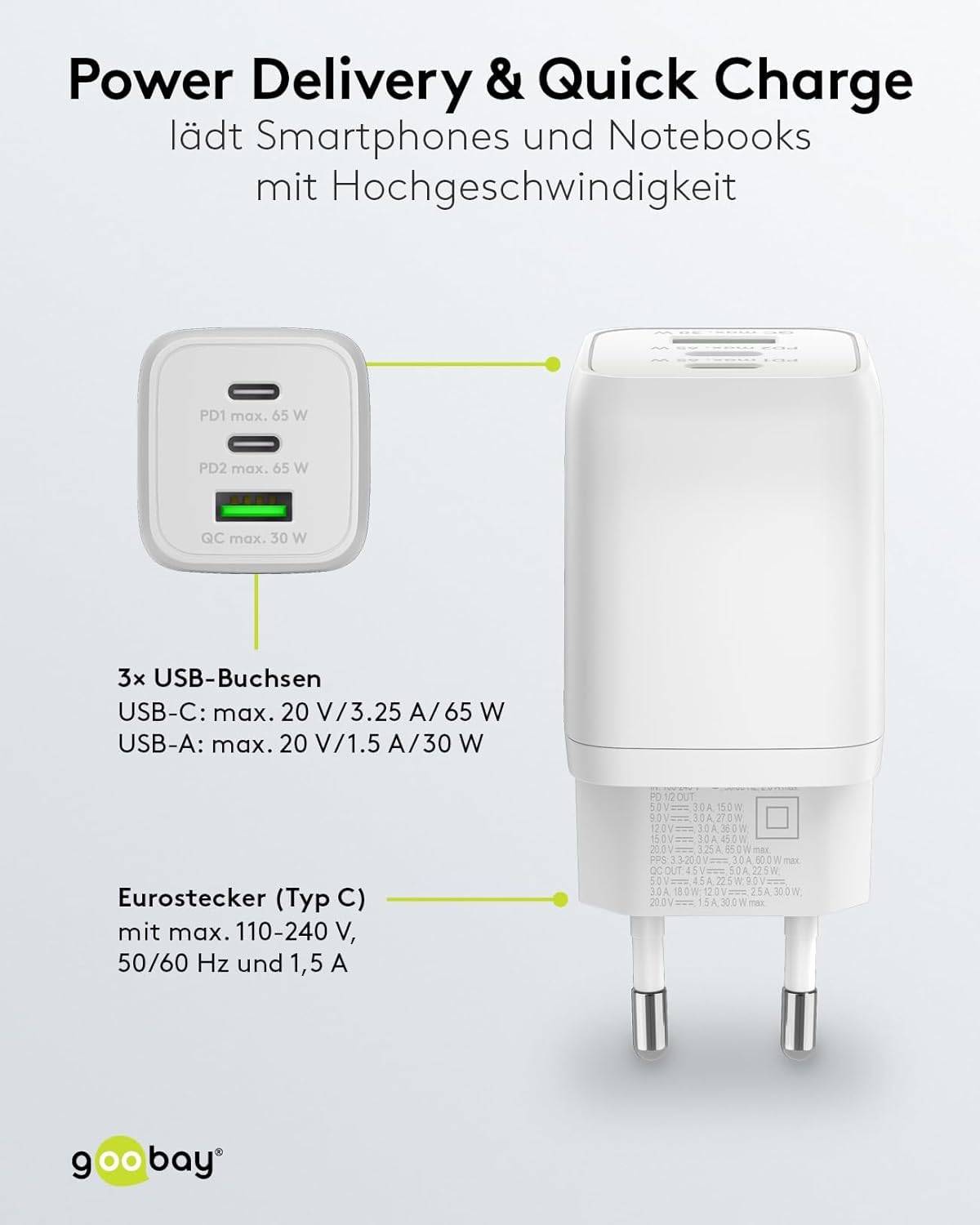 Goobay Nano USB Netzteil 65W, Power Delivery Charger, 3 Port Universal Ladegerät, USB-C & USB-A Adapter, Weiß