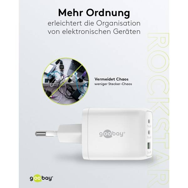 Goobay Nano USB Netzteil 65W, Power Delivery Charger, 3 Port Universal Ladegerät, USB-C & USB-A Adapter, Weiß