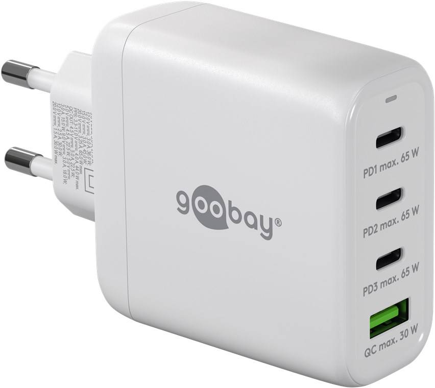 Goobay USB-C Ladegerät 68W, PD Fast Charger, Multiport Universal USB-C Schnellladegerät Laptop Handy, Weiß