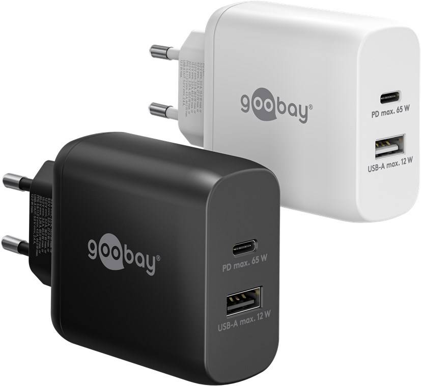 Goobay 65410 USB Netzteil 65W Schnellladegerät PD / 2fach Port 1x USB-C & 1x USB-A / Mini GaN Adapter Ladegerät / Weiß