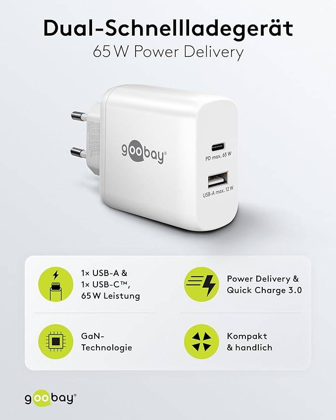 Goobay 65410 USB Netzteil 65W Schnellladegerät PD / 2fach Port 1x USB-C & 1x USB-A / Mini GaN Adapter Ladegerät / Weiß