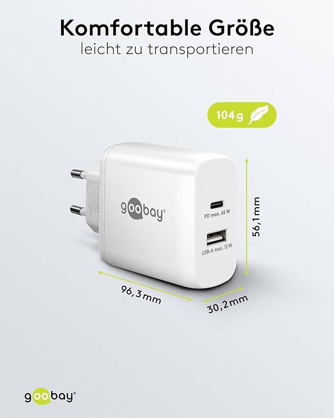 Goobay 65410 USB Netzteil 65W Schnellladegerät PD / 2fach Port 1x USB-C & 1x USB-A / Mini GaN Adapter Ladegerät / Weiß