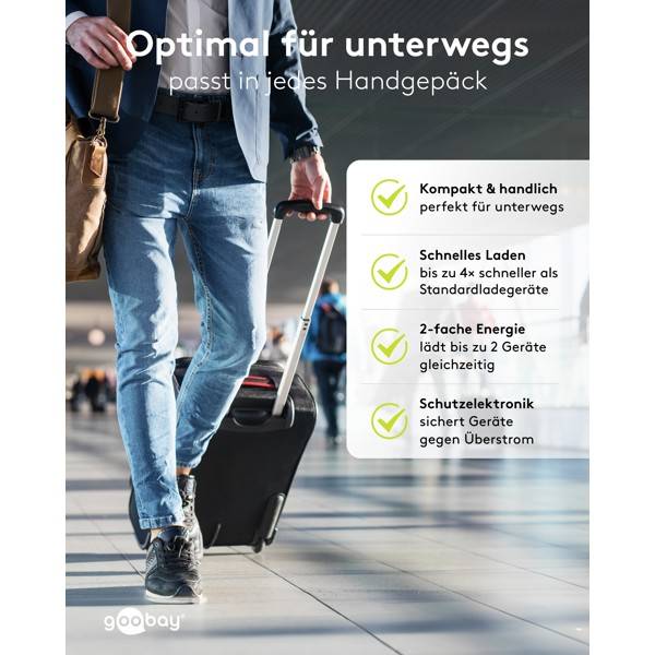 Goobay Dual USB Netzteil 65W Schnellladegerät PD, 2fach Port 1x USB-C &amp; 1x USB-A, Mini GaN Adapter, Schwarz