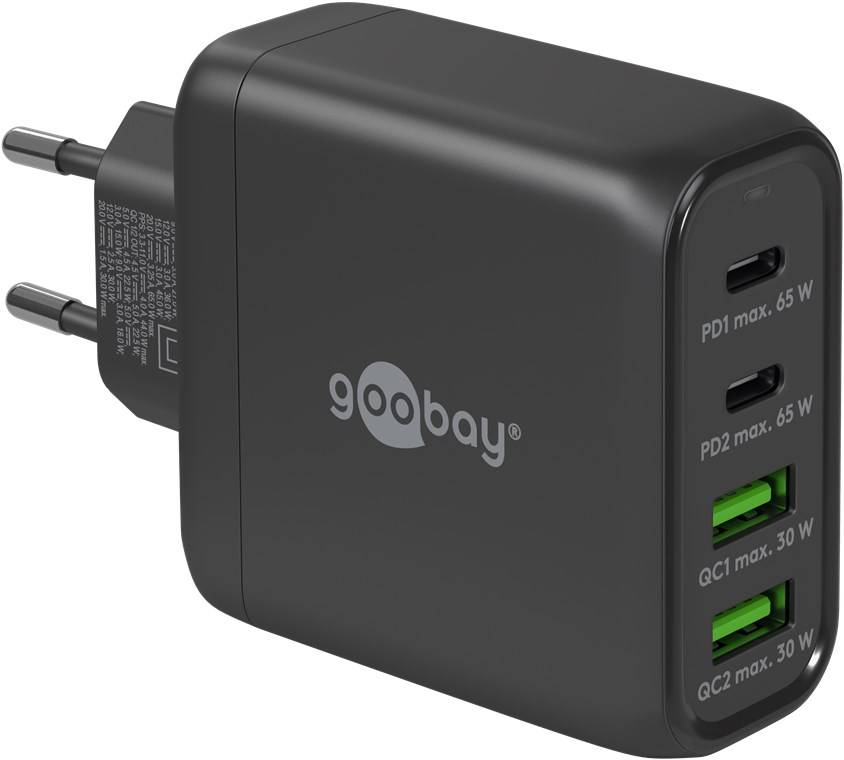 Goobay USB-C Ladegerät 68W, Fast Charger, Multiport Schnellladegerät 2x USB-C & 2x USB-A Laptop Handy, Schwarz