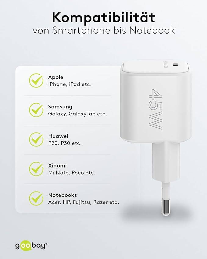 Goobay 65332 Nano USB-C Netzteil 45W / Power Delivery Charger / Universal Ladegerät Handy / USB Typ C Adapter / Weiß