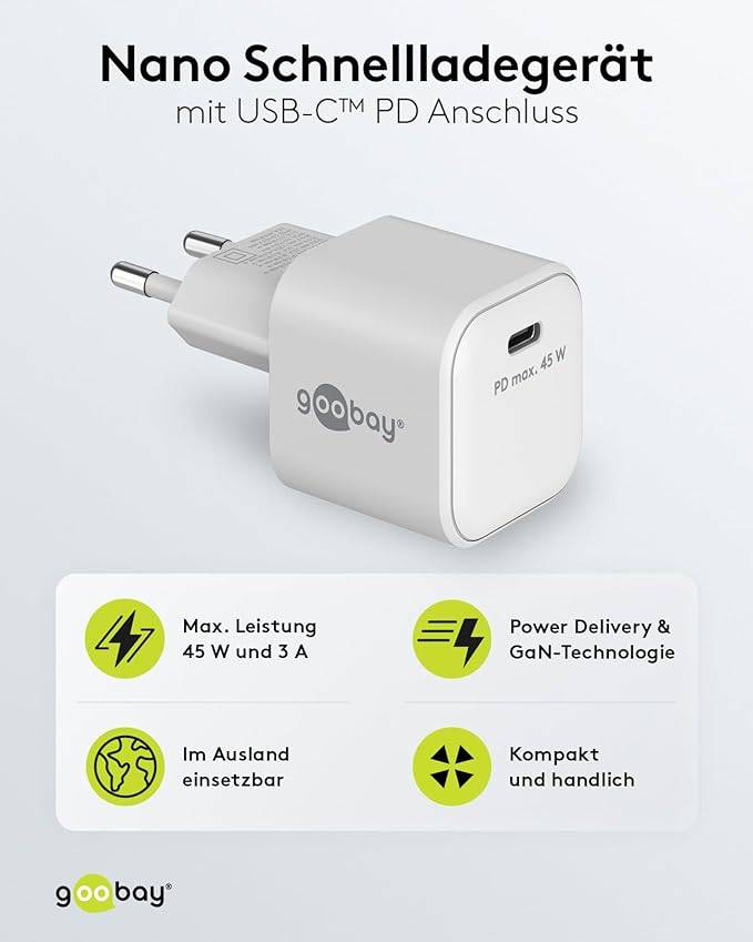 Goobay 65332 Nano USB-C Netzteil 45W / Power Delivery Charger / Universal Ladegerät Handy / USB Typ C Adapter / Weiß