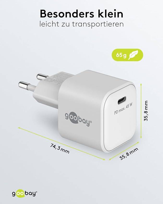 Goobay 65332 Nano USB-C Netzteil 45W / Power Delivery Charger / Universal Ladegerät Handy / USB Typ C Adapter / Weiß