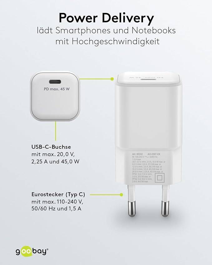 Goobay 65332 Nano USB-C Netzteil 45W / Power Delivery Charger / Universal Ladegerät Handy / USB Typ C Adapter / Weiß