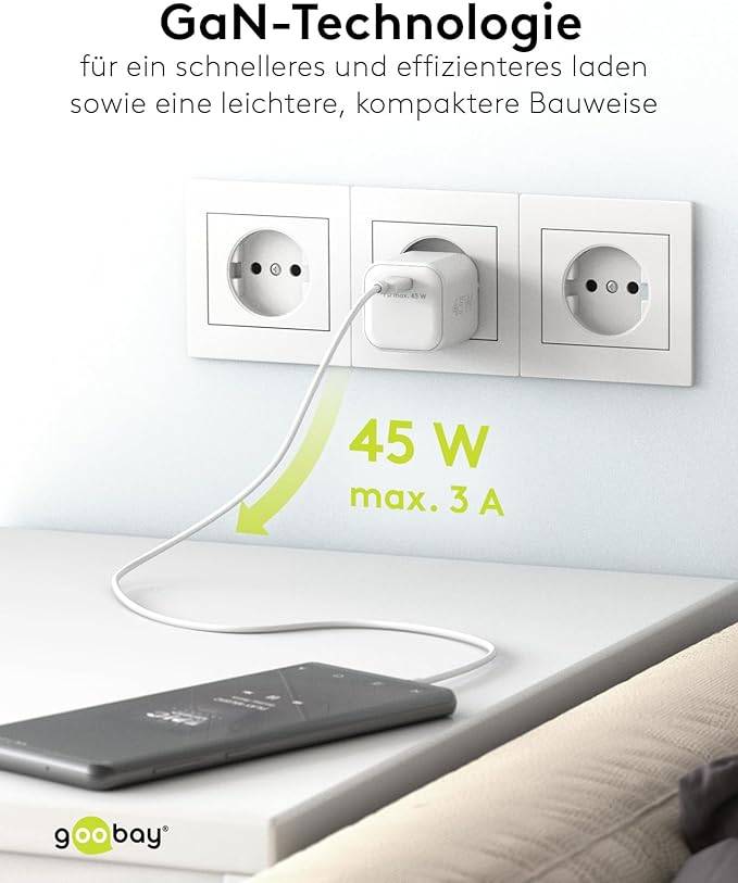 Goobay 65332 Nano USB-C Netzteil 45W / Power Delivery Charger / Universal Ladegerät Handy / USB Typ C Adapter / Weiß