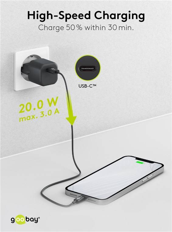 Goobay 65403 Nano USB-C Netzteil 20W / Power Delivery Charger / Universal Ladegerät USB C / Mini GaN Adapter / Schwarz