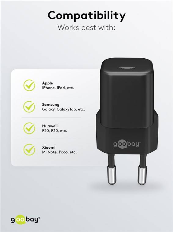 Goobay 65403 Nano USB-C Netzteil 20W / Power Delivery Charger / Universal Ladegerät USB C / Mini GaN Adapter / Schwarz