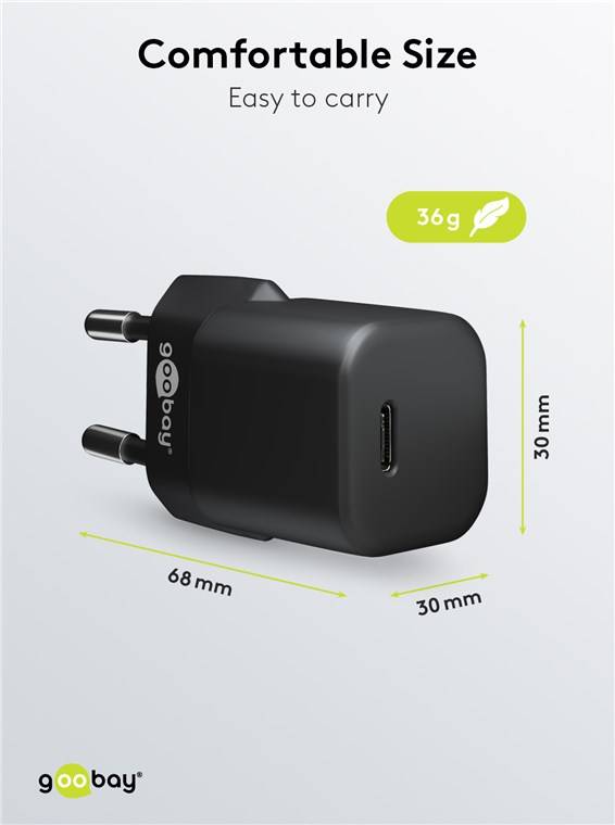 Goobay 65403 Nano USB-C Netzteil 20W / Power Delivery Charger / Universal Ladegerät USB C / Mini GaN Adapter / Schwarz